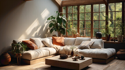 A cozy corner with a beige sofa and a sophisticated table supporting a single, eye-catching plant....