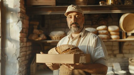 a baker holds a tray of freshly baked bread while in a bread bakery, the background accurately represents a bakery production room with visible baking equipment, ingredients and other bakery products - obrazy, fototapety, plakaty