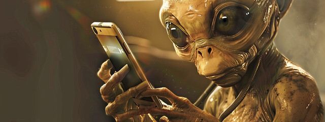 Alien creature engrossed in checking a mobile phone. Intersection of extraterrestrial life and earthly technology. - 757571594
