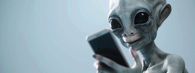 Alien creature checking a mobile phone. Intersection of extraterrestrial life and earthly technology. Neutral background, copy space. - 757571597