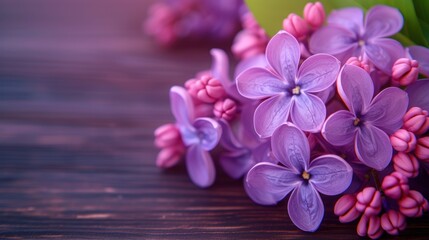 a bunch of purple flowers sitting on top of a wooden table next to a vase with a flower in it.