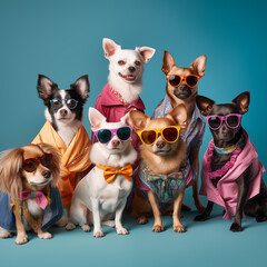 group of cute dogs with bowties and sunglasses sitting and lying on background. in fashionable suits and glasses. stylish animals in equipment on colored backgrounds, party people