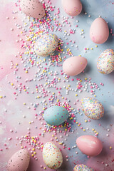 Fototapeta na wymiar Top view of colorful Easter eggs and sugar sprinkles. Pastel background color.