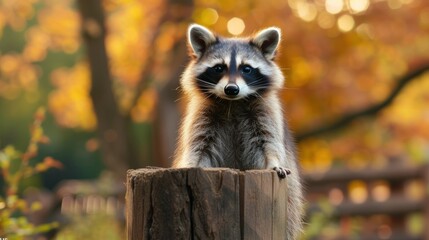 a raccoon standing on top of a wooden fence post in front of a tree filled with yellow leaves.