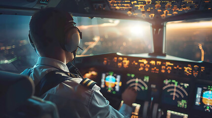 A Pilot Operating aircraft controls, navigating flight paths, and communicating with air traffic control to ensure safe and efficient flight operations