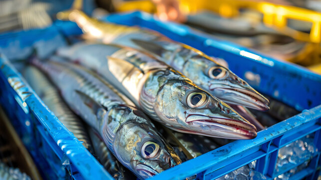 Freshly caught Snoek fish from the ocean on ice in crates displayed at the harbour for sale. Thyrsites atun known as the snoek in South Africa and as the barracouta in Australasia