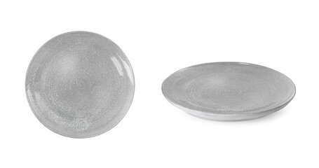Empty ceramic plate isolated on white, top and side views