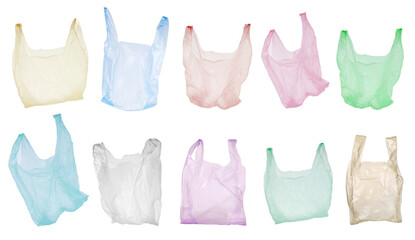 Different plastic bags isolated on white, set