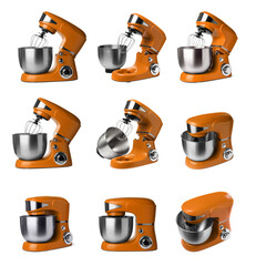 Orange stand mixers isolated on white, set