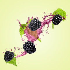 Fresh blackberries and juice in air on light green background