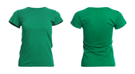 Green t-shirt with space for design isolated on white. Back and front views