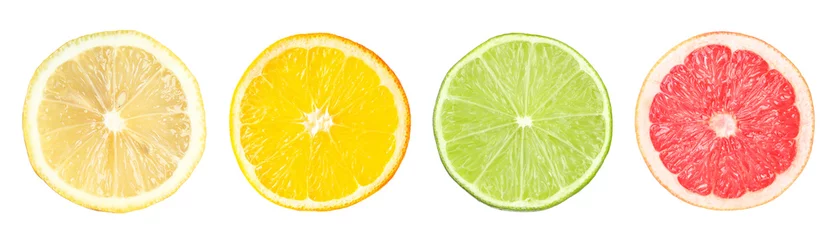 Rolgordijnen Citrus fruits. Cut fresh lemon, grapefruit, lime and orange isolated on white, top view © New Africa