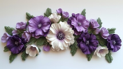 a group of purple and white flowers sitting on top of a white table next to a green leafy plant.