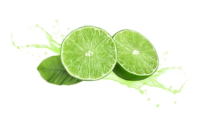 Rolgordijnen Lime, leaf and splashing juice on white background, banner design © New Africa