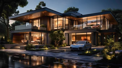 Foto auf Acrylglas Step into a captivating residence that seamlessly blends attractiveness and uniqueness, complete with a garage featuring a parked car and a beautifully landscaped garden.  © Shanii