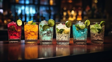 Colorful cocktails on bar table in night club - obrazy, fototapety, plakaty