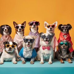 group of cute dogs with bowties and sunglasses sitting and lying on background. in fashionable suits and glasses. stylish animals in equipment on colored backgrounds, party people