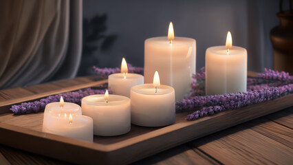 Fototapeta na wymiar Romantic Ambiance: Candles with Lavender Flowers on a Tray in a Spa or Bedroom