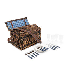 Wicker Picnic Basket Set for 4 Persons Large Willow Hamper with Large Insulated Cooler Compartment, Free Waterproof Blanket and Cutlery on white background. open view.