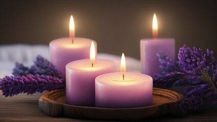 Obraz na płótnie Canvas Candles with Lavender Flowers on a Tray in a Spa or Bedroom