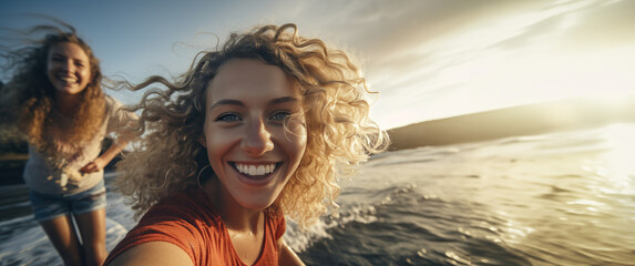 Laughing happy curly teenage girls on surfboard taking selfie with fisheye lens among waves in ocean on sunny summer day, sporty zoomer lifestyle, Generated AI - obrazy, fototapety, plakaty