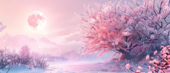 Photo sur Aluminium Rose clair Blooming sakura and moon, stunning landscape with snow and cherry blossom in spring. Concept of nature, japan, season, winter, peace, scenery.