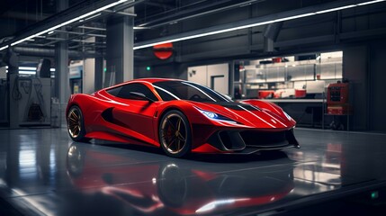 Obraz premium Red Supercar in Garage - Generative AI (8K)