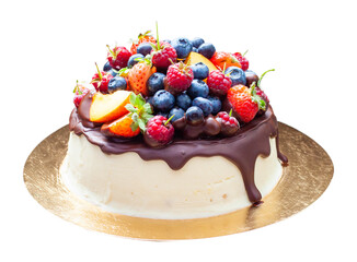 Delicious cheesecake with melted chocolate, apples, strawberries, blueberries, peaches, raspberries...
