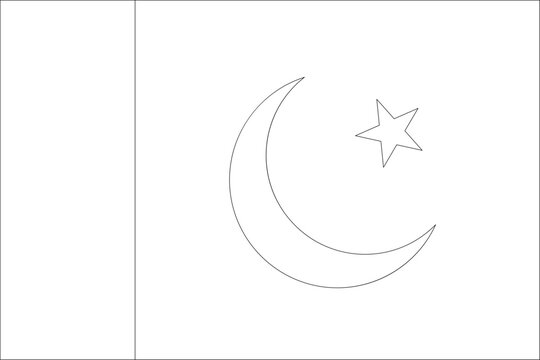 Pakistan flag - thin black vector outline wireframe isolated on white background. Ready for colouring.