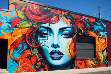 Marvel at the bold colors and intricate details of a street art mural.