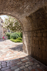View of River Gate, entrance to Old Town and Wood square, Kotor, Montenegro
