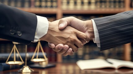 Successful Legal Representation: Lawyer and Client Handshake in Law Firm - obrazy, fototapety, plakaty