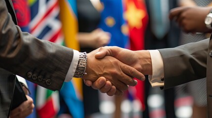 Global Diplomacy: Handshake of Diplomats at International Summit Signifying Agreement - obrazy, fototapety, plakaty