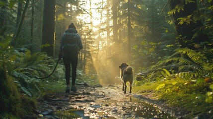 Person and Dog Walking on a Forest Trail During Golden Hour - obrazy, fototapety, plakaty