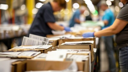 Workers Sorting Packages on Conveyor Belt at Distribution Center During Busy Shift