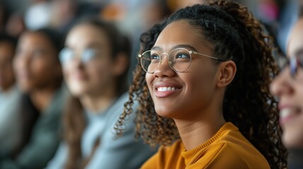 Obraz premium Young Woman With Glasses Smiling at an Event During the Day