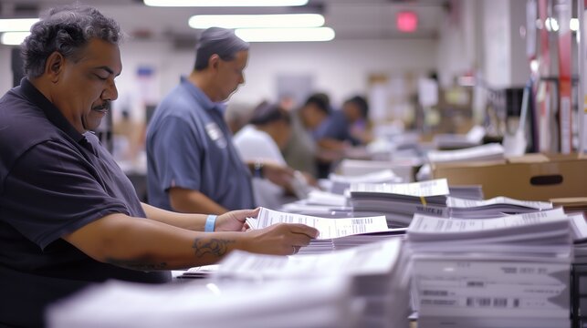 Workers Sorting and Organizing Documents in a Busy Office Environment