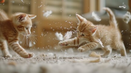 Two Playful Kittens Frolicking In A Sunlit Room Filled With Floating Feathers