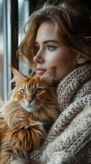 girl with a red cat at the window