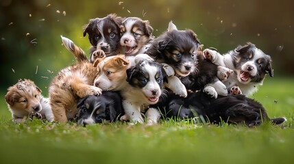 Playful Puppies Frolicking Together in a Lush Green Field on a Sunny Day
