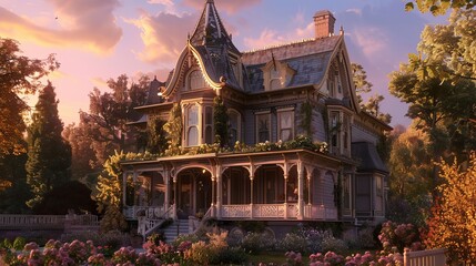 Obraz premium Victorian Style House Exterior at Sunset Surrounded by Blossoming Garden