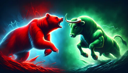 Battle between a red bear and a green bull, indicating a bull versus bear market.