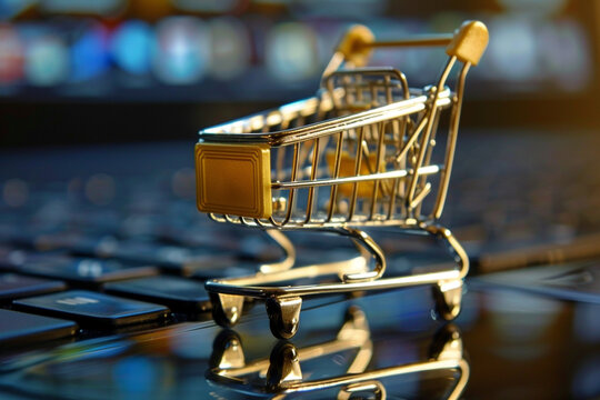 Golden mini shopping cart Digital Online Marketing Commerce Sale Concept