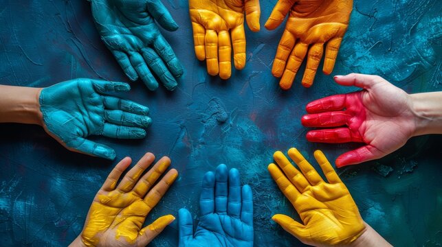 Group of People With Painted Hands Forming a Circle