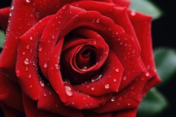 Red Rose Flowering with Water Droplets. Water Droplets Adorning a Blossoming Red Rose