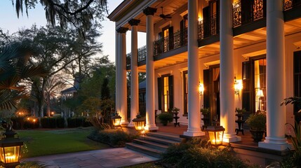 Obraz premium Elegant Southern Home Exterior at Dusk with Illuminated Garden and Classic Architecture