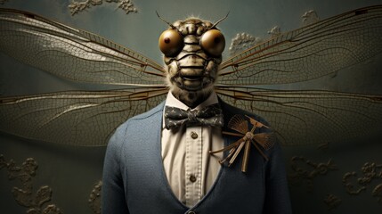 Stylish Dragonfly Sophisticated Dragonfly in a Tailored Vest and Tie - obrazy, fototapety, plakaty