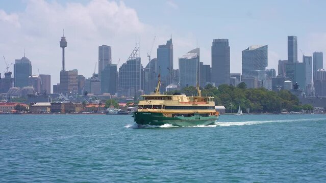 Sydney Harbor Ferry, city scape downtown view. public transport terminal, commuter life in Australia.