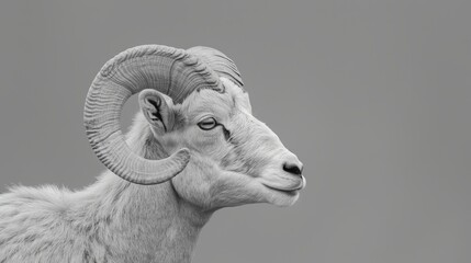Close-up portrait of a ram with curved horns. Detailed image of the muzzle. A domestic animal is looking at something. Illustration for cover, card, poster, brochure or presentation. - obrazy, fototapety, plakaty
