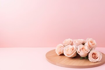 Soft Roses on Circular Wooden Podium with Pastel Pink Shade. Soft pink roses beautifully placed on a circular wooden podium, complemented by a pastel pink backdrop.